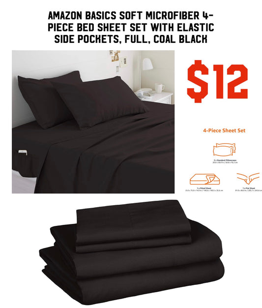 Amazon Basics Soft Microfiber 4-Piece Bed Sheet Set with Elastic Side Pockets, Full, Coal Black