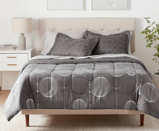 Amazon Basics 7-Piece Lightweight Microfiber Bed-In-A-Bag Comforter Bedding Set - Full/Queen, Industrial Gray