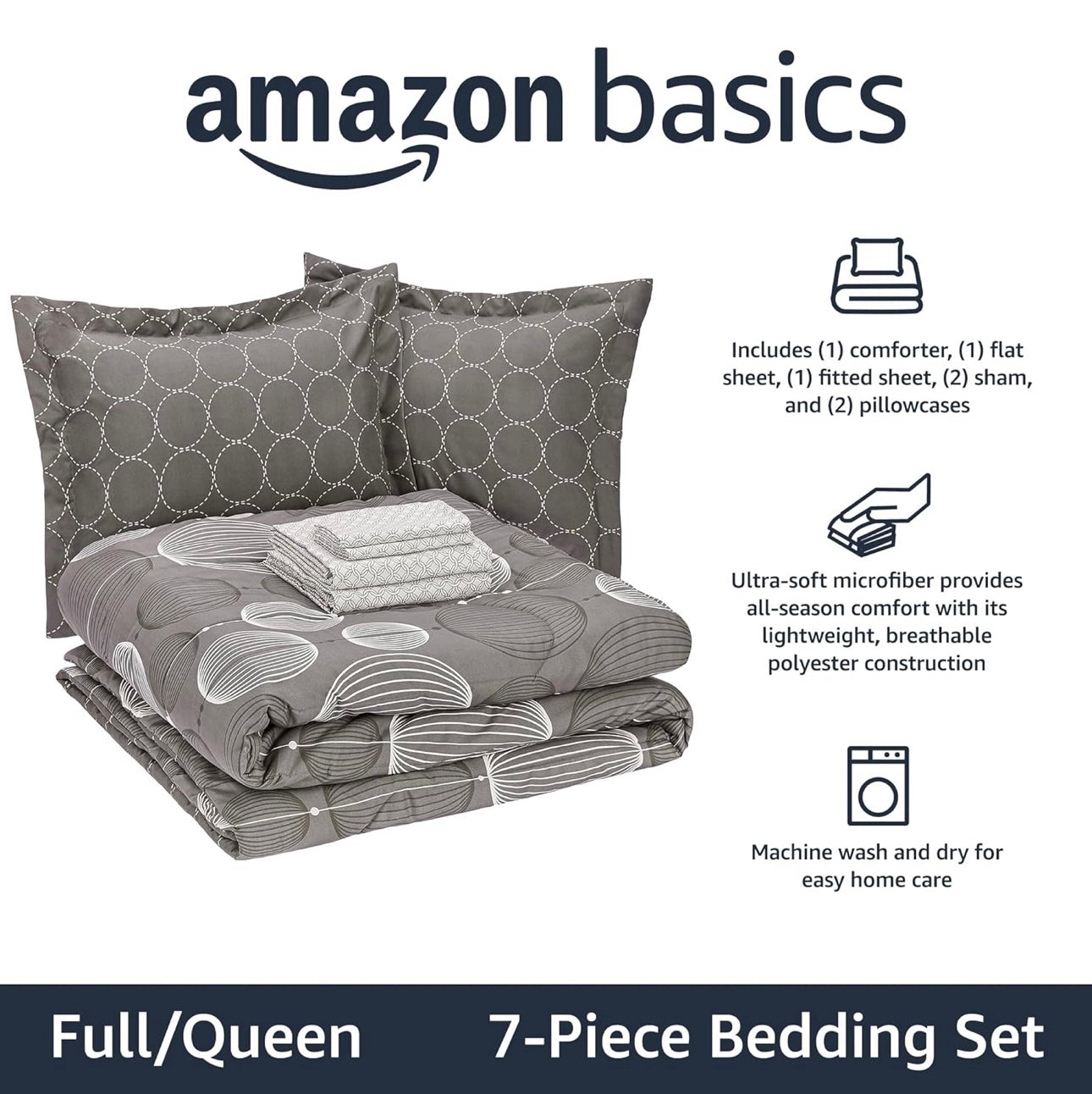 Amazon Basics 7-Piece Lightweight Microfiber Bed-In-A-Bag Comforter Bedding Set - Full/Queen, Industrial Gray